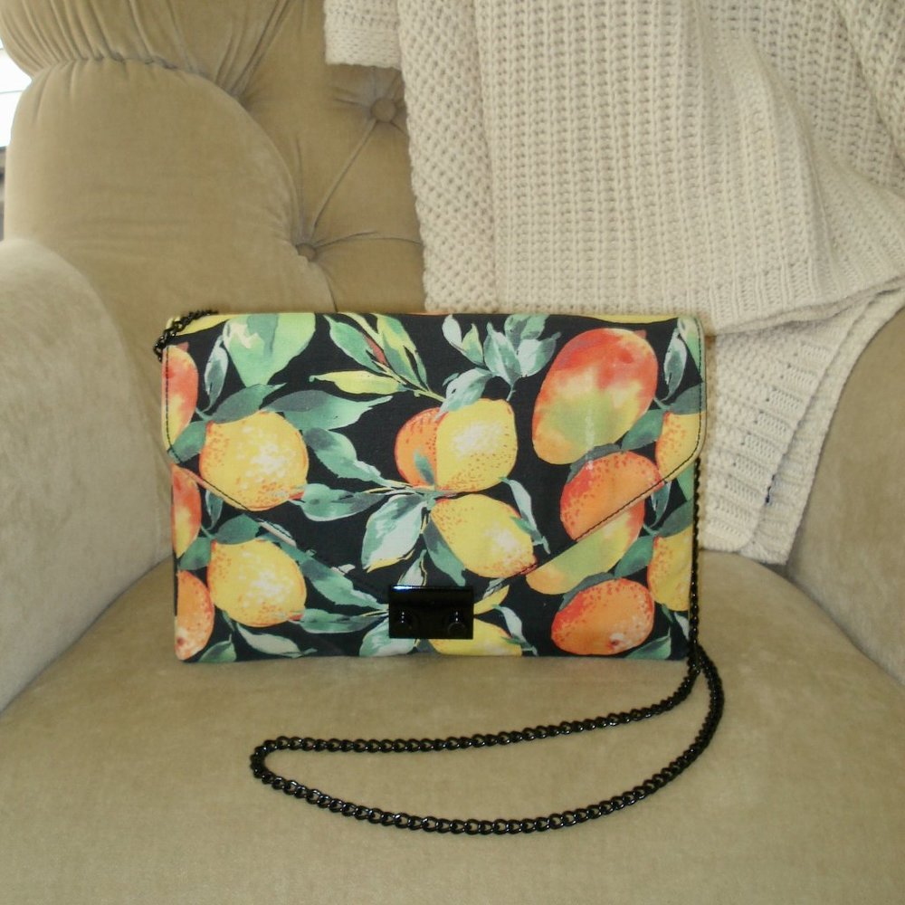 Auth. LOEFFLER RANDALL Citrus Print Canvas Convertible Shoulder Clutch Bag